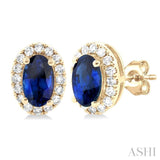 1/8 ctw Round Cut Diamond and 5X3MM Oval Shape Sapphire Halo Precious Stud Earrings in 10K Yellow Gold