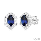 1/3 ctw Hexagon Shape 5X3MM Oval Cut Sapphire, Baguette and Round Cut Diamond Halo Precious Stud Earring in 10K White Gold