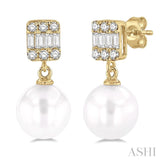 1/10 ctw 6x6MM Cultured Pearls, Baguette and Round Cut Diamond Earring in 10K Yellow Gold