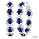 3/4 ctw Interior & Exterior 4X3MM Oval Cut Sapphire and Round Cut Diamond Halo Precious Hoop Earring in 14K White Gold