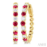 7/8 ctw Round 2.7MM Ruby and Round Cut Diamond Precious Hoop Earring in 14K Yellow Gold