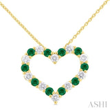 1/2 ctw Open Heart 2.3MM Round Cut Emerald and Round Cut Diamond Precious  Fashion Pendant With Chain in 14K Yellow Gold