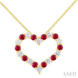 1/2 ctw Open Heart 2.3MM Round Cut Ruby and Round Cut Diamond Precious  Fashion Pendant With Chain in 14K Yellow Gold