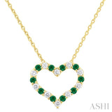 1/8 ctw Open Heart 1.4MM Round Cut Emerald and Round Cut Diamond Precious  Fashion Pendant With Chain in 14K Yellow Gold