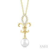 1/10 ctw Fleur De Lis 7X7MM White Cultured Pearl and Round Cut Diamond Pendant With Chain in 10K Yellow Gold