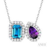 1/5 ctw Toi Et Moi 6X4MM Emerald Cut Blue Topaz and Pear Cut Amethyst & Round Cut Diamond Halo Fashion Pendant With Chain in 14K White Gold