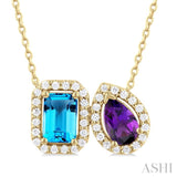 1/5 ctw Toi Et Moi 6X4MM Emerald Cut Blue Topaz and Pear Cut Amethyst & Round Cut Diamond Halo Fashion Pendant With Chain in 14K Yellow Gold